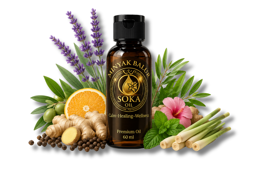 Botol SOKA Oil dikelilingi bahan botani